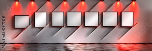 A diagonal white wall illuminated by six fiery red spotlights, holding five rectangular blank frames arranged in a zigzag formation. The metallic floor reflects the bold arrangement. photo