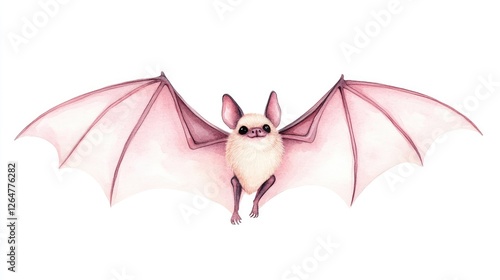 A whimsical illustration of a cute bat with pink wings, flying against a white background