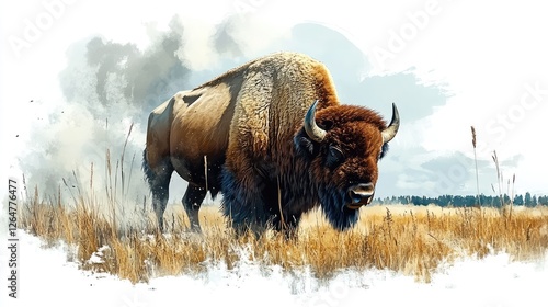 Majestic bison standing in a golden field under a bright sky, with smoke in the background
