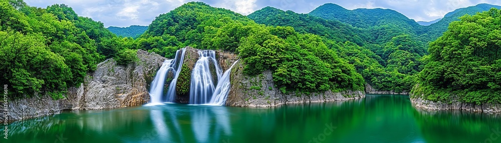 Naklejka premium Scenic waterfall in lush green mountains.