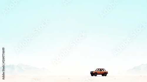 A solitary orange car driving through a vast desert landscape under a clear blue sky