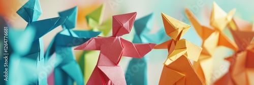 The image features colorful origami figures arranged in a dynamic pose, symbolizing joy and harmony, set against a soft gradient backdrop that enhances their vibrant colors.