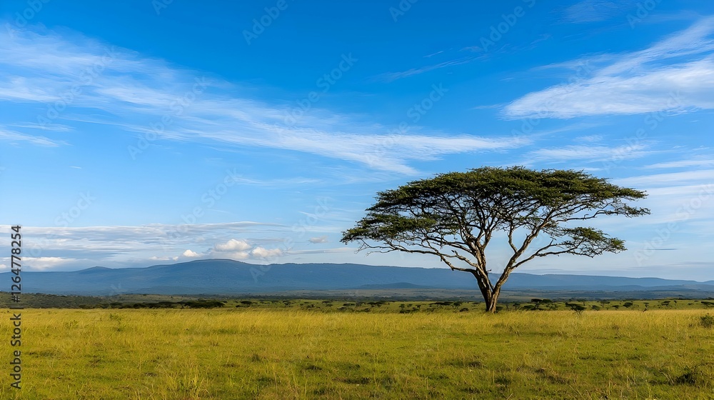Lone Tree In Green Field With Mountains And Blue Sky Lone Tree In Green Field With Mountains And Blue Sky