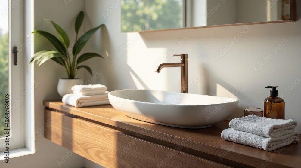 Fototapeta premium Modern minimalist bathroom vanity with sunlight illuminating a clean white vessel sink and neatly folded towels, next to a potted plant and amber colored soap dispenser.