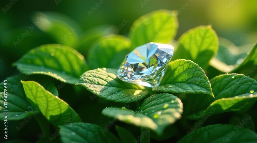 A sparkling gemstone rests gently on lush green foliage, illuminated by the soft glow of morning sunlight, showcasing the beauty of nature's artistry and the allure of precious stones. A sparkling gemstone rests gently on lush green foliage, illuminated by the soft glow of morning sunlight, showcasing the beauty of nature's artistry and the allure of precious stones.
