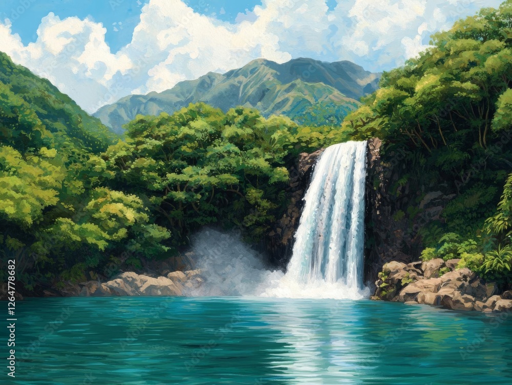 Fototapeta premium Serene waterfall cascading into calm lake.