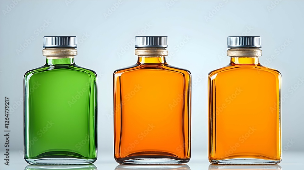 Three Square Glass Bottles With Colorful Liquid Three Square Glass Bottles With Colorful Liquid