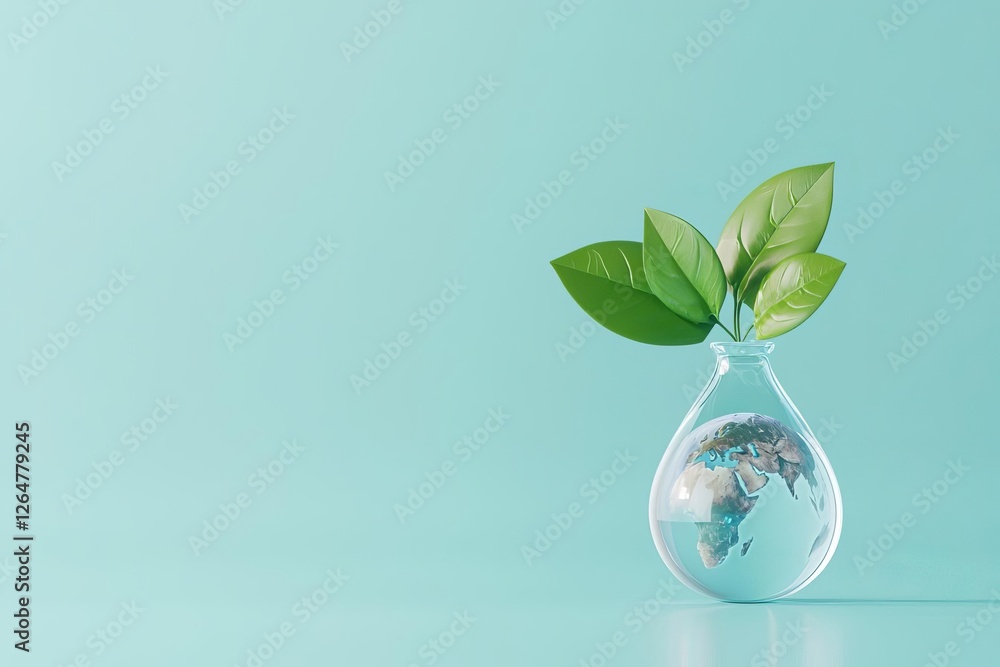 Green leaves in a glass vase with the Earth. Green leaves in a glass vase with the Earth.