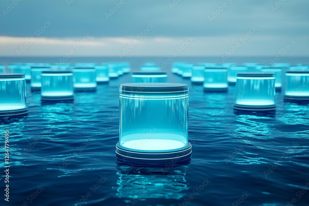 Floating light jars in tranquil ocean waters. Floating light jars in tranquil ocean waters.