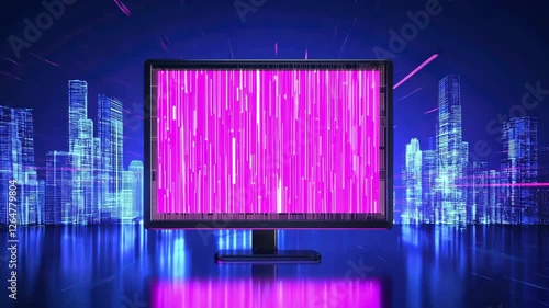Futuristic Cityscape with Vibrant Pink Vertical Lines on Digital Monitor Modern Technological Atmosphere with Striking Contrast and Dynamic Screen Display