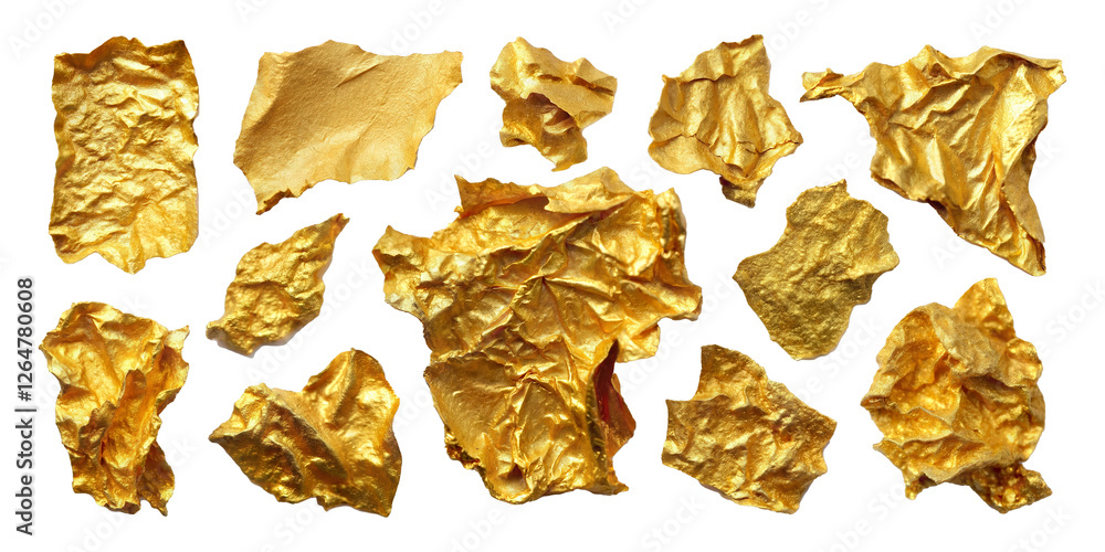 A stunning and captivating collection of meticulously arranged gold foil pieces elegantly displayed against a pristine white background A stunning and captivating collection of meticulously arranged gold foil pieces elegantly displayed against a pristine white background