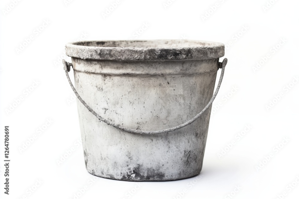 Concrete bucket on a clean white background showcasing its detailed texture and realistic lighting in a minimalist setting Concrete bucket on a clean white background showcasing its detailed texture and realistic lighting in a minimalist setting
