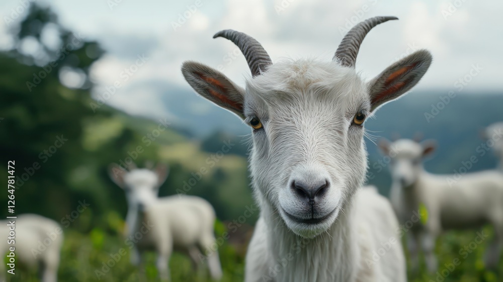Portrait Of White Goat With Horns In Green Field Portrait Of White Goat With Horns In Green Field