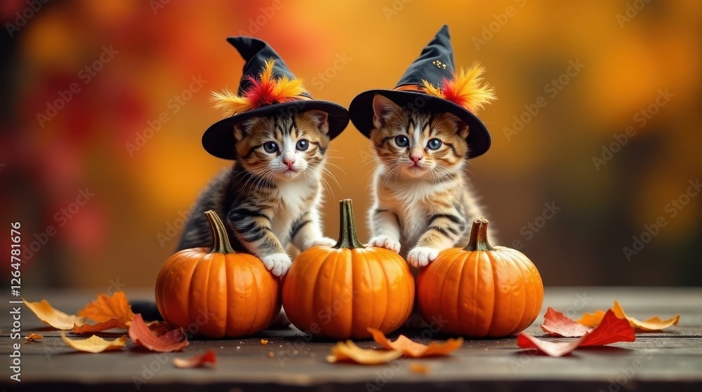 Fototapeta premium Adorable Kittens in Witch Hats Beside Pumpkins on Wooden Surface with Autumn Leaves