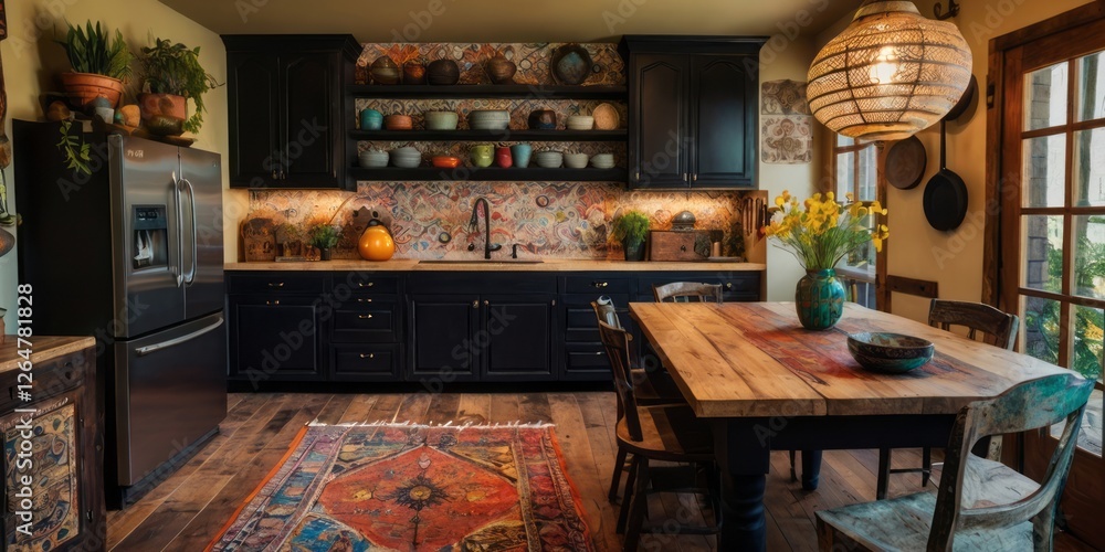 Obraz premium Eclectic Kitchen Design Boasting Warm Tones and Artistic Flair