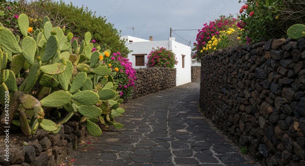 Obraz premium Walking Path in Lanzarote with Volcanic Walls, Cactus and Flowers