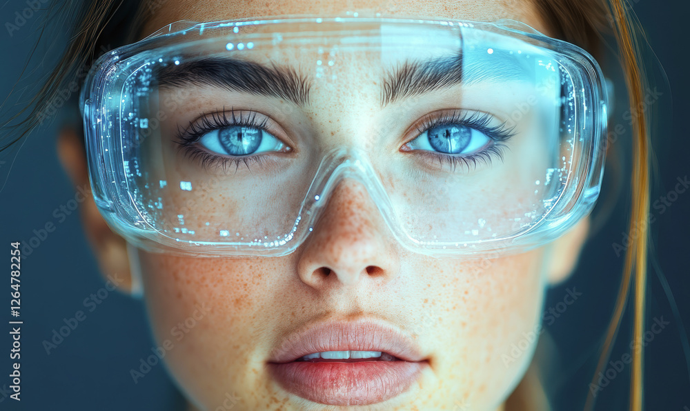 Close-up portrait of a woman wearing advanced smart glasses with digital interface displaying futuristic technology concept Close-up portrait of a woman wearing advanced smart glasses with digital interface displaying futuristic technology concept