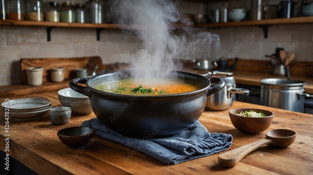 Warm steaming soup in a rustic kitchen filled with utensils and wooden shelves during a cozy afternoon Warm steaming soup in a rustic kitchen filled with utensils and wooden shelves during a cozy afternoon