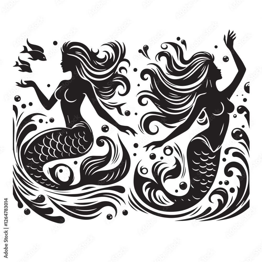 Mermaid design vector silhouette Black and White Vector illustration Mermaid design vector silhouette Black and White Vector illustration