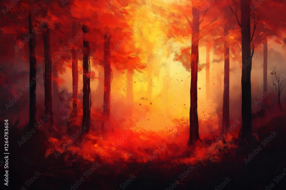 Mesmerizing forest scene with vivid red, orange, and yellow foliage, creating a warm and enchanting atmosphere. Tall trees stand amidst the colorful glow Mesmerizing forest scene with vivid red, orange, and yellow foliage, creating a warm and enchanting atmosphere. Tall trees stand amidst the colorful glow