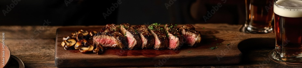 Rustic Minimalist Food Scene, Steak, Mushrooms, and Beer on a Wooden Board Rustic Minimalist Food Scene, Steak, Mushrooms, and Beer on a Wooden Board