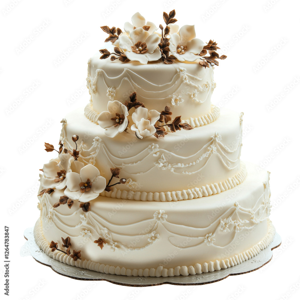 Elegant three tier wedding cake adorned with intricate floral decorations and delicate icing details, perfect for celebrations Elegant three tier wedding cake adorned with intricate floral decorations and delicate icing details, perfect for celebrations