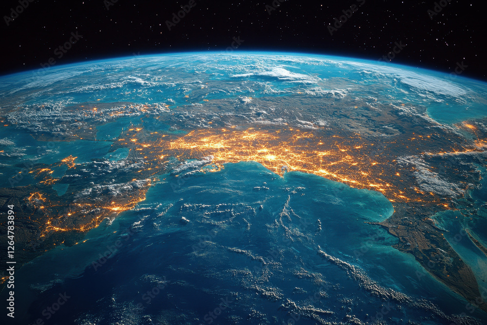 Fototapeta premium Bright city lights shine from Earth at night, showcasing urban patterns and coastlines from space