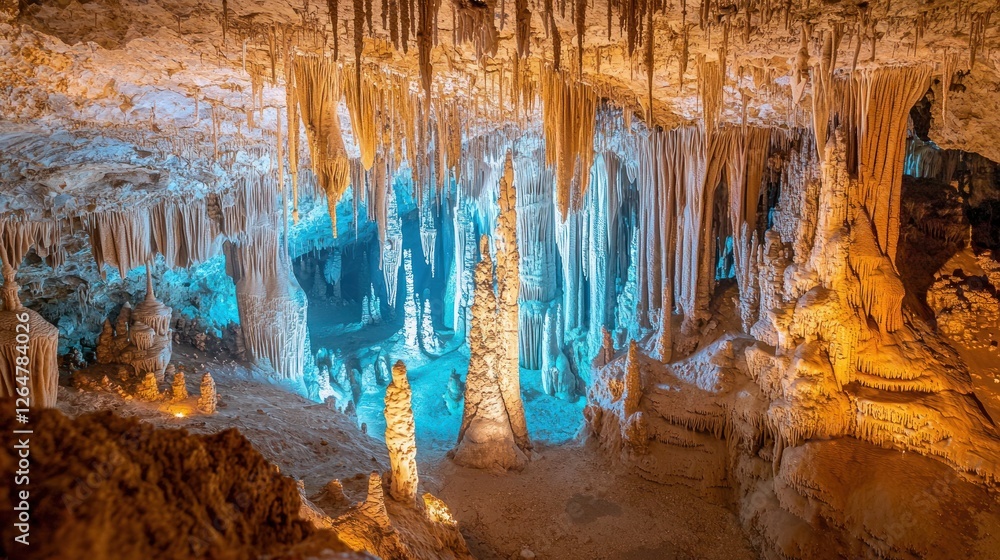 Illuminated cave with stalactites and stalagmites. Illuminated cave with stalactites and stalagmites.