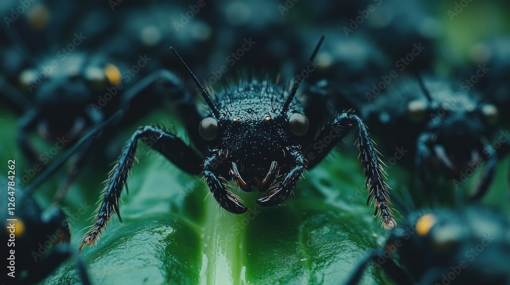 Fototapeta premium Close-up of a dark insect on a green leaf, surrounded by many similar insects.