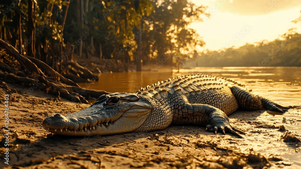 Fototapeta premium Crocodile sunbathing on riverbank at sunset.