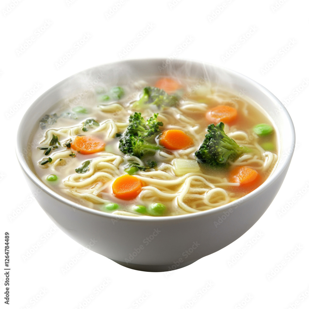 Delicious bowl of steaming vegetable noodle soup with broccoli, carrots, and peas, perfect for comforting meal Delicious bowl of steaming vegetable noodle soup with broccoli, carrots, and peas, perfect for comforting meal