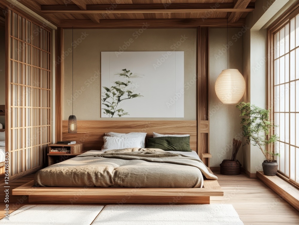 Fototapeta premium Wooden bedroom interior with japanese inspired design and decoration