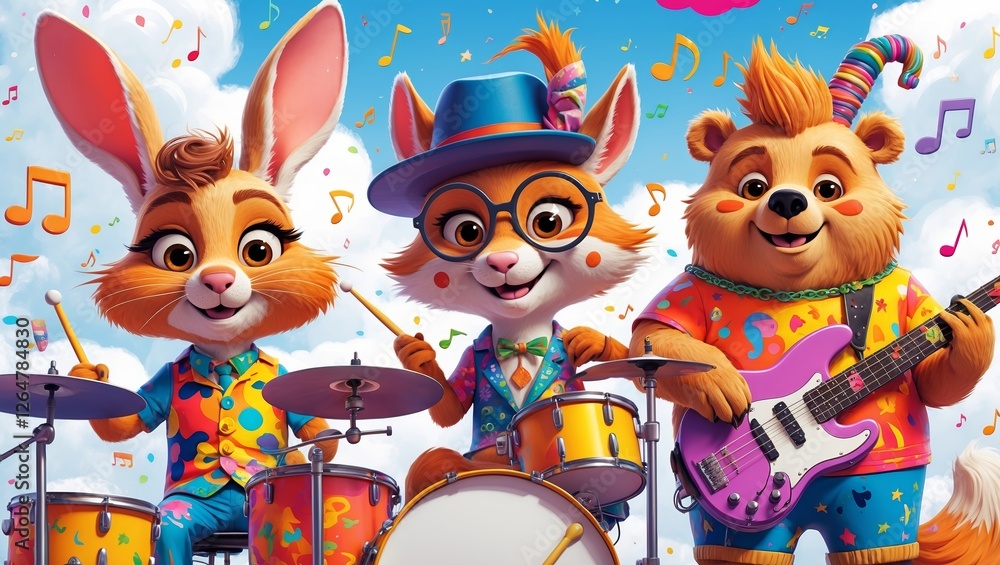 Colorful animated characters enjoying a joyful music festival on a sunny day with vibrant outfits and instruments Colorful animated characters enjoying a joyful music festival on a sunny day with vibrant outfits and instruments