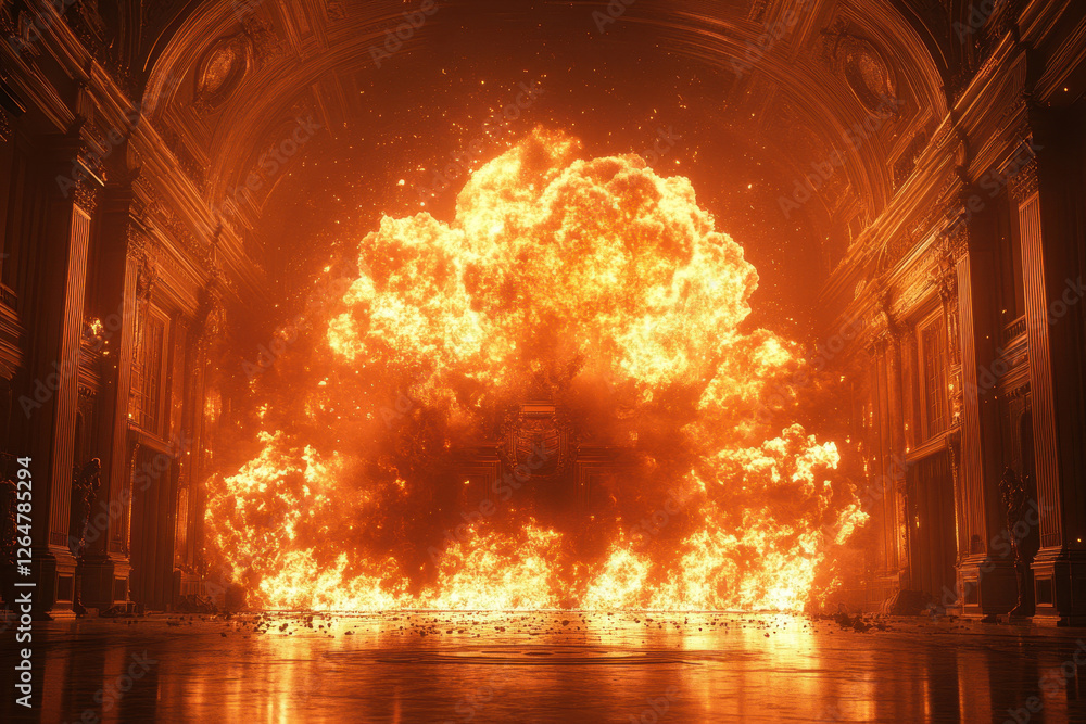 Naklejka premium Impressive explosion event within a grand hall, showcasing vibrant flames and debris during a dramatic moment