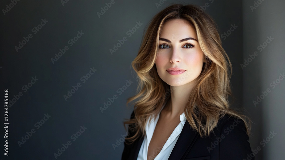Professional Woman with Long Hair in Elegant Attire Against Wall Professional Woman with Long Hair in Elegant Attire Against Wall