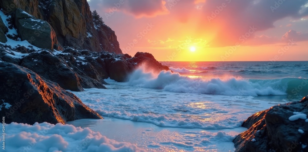 Naklejka premium Serene Coastal Sunset with Winter's Embrace Ocean Waves Crashing on Rocky Shore