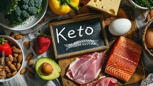 Wallpaper Mural Choice Selection of Keto Diet Ingredients on Wooden Board Featuring Fresh Salmon, Ham, Avocado, Eggs, Cheese, Broccoli, and Colorful Vegetables with Chalkboard Label Torontodigital.ca