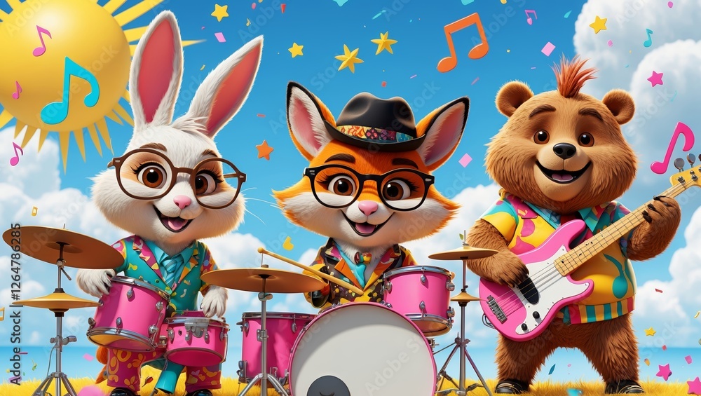 Fototapeta premium Colorful animated band of animals performing music outdoors on a sunny day with vibrant decorations and playful atmosphere