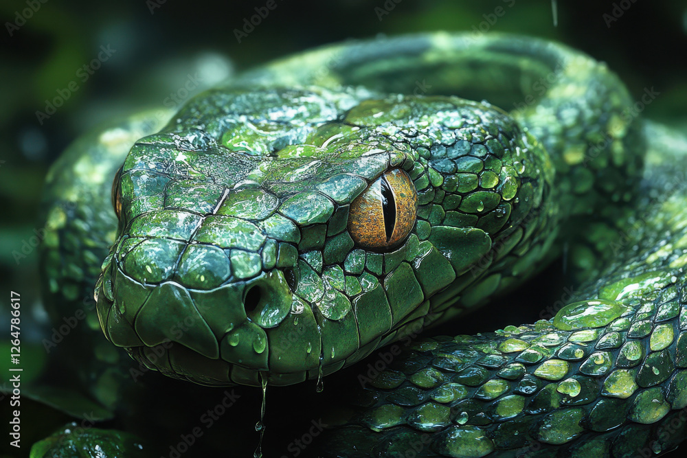 Fototapeta premium Green snake resting among foliage in a lush rainforest environment during daylight hours