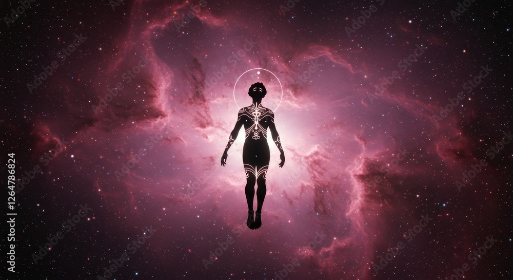 Naklejka premium Cosmic Transcendence: Silhouette Figure Floating in Galactic Nebula