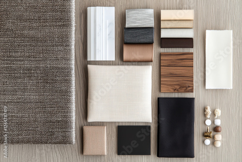 A collection of fabric and material swatches for interior design inspiration. photo