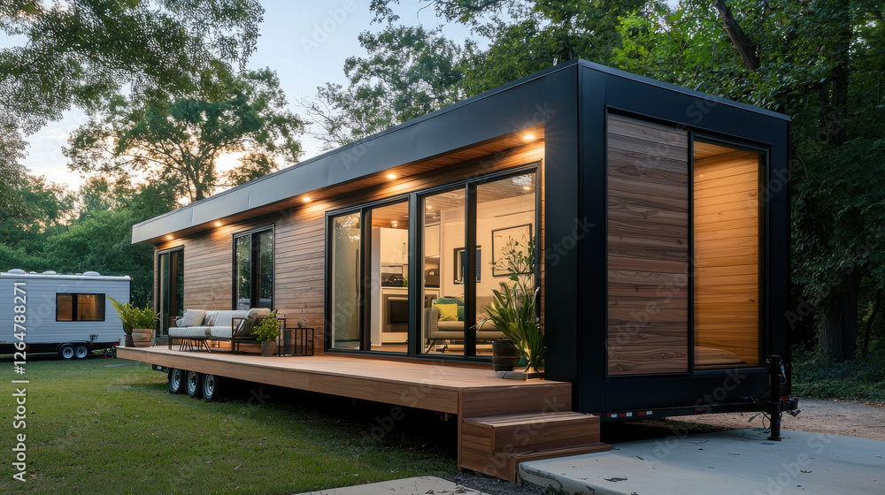 Fototapeta premium A modern tiny house with large windows, blending rustic charm and contemporary design.