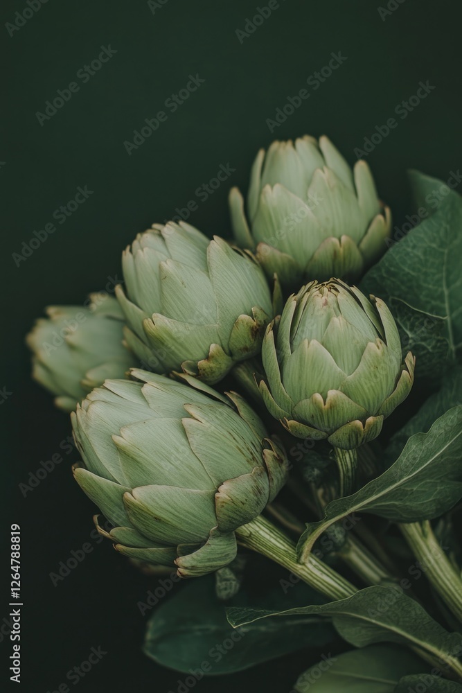 Fototapeta premium Artichokes arranged artistically against deep green backdrop, sh