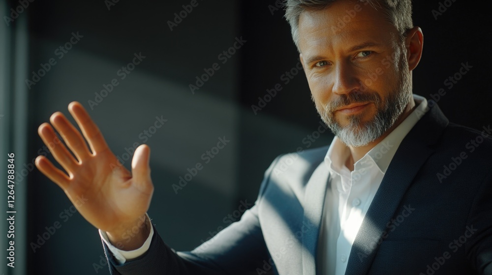 Businessman in suit with hand out for wave. Smiling and ready to say goodbye or continue conversation. Businessman in suit with hand out for wave. Smiling and ready to say goodbye or continue conversation.