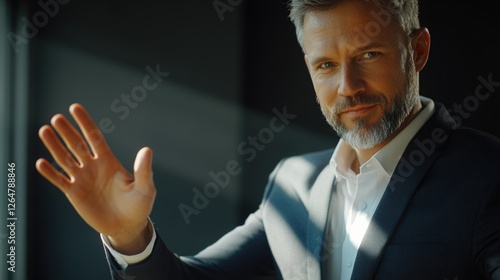 Businessman in suit with hand out for wave. Smiling and ready to say goodbye or continue conversation.