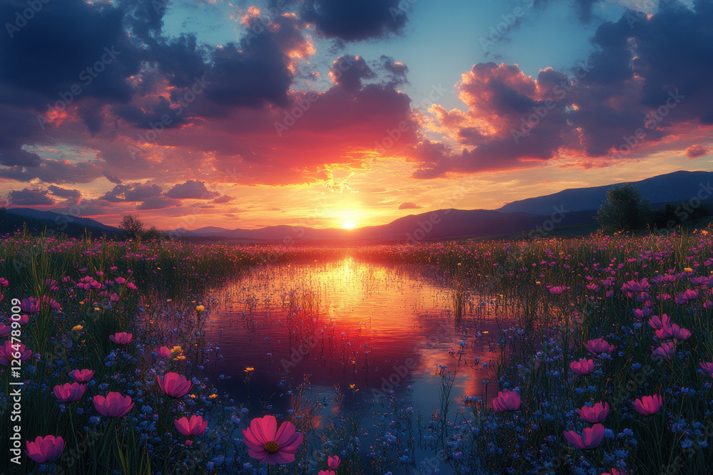 Sunset over a tranquil pond surrounded by vibrant wildflowers on a serene evening in the countryside Sunset over a tranquil pond surrounded by vibrant wildflowers on a serene evening in the countryside