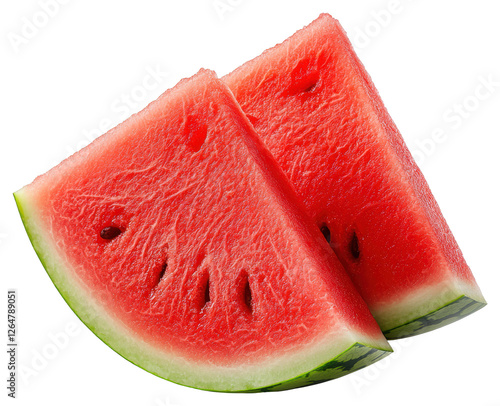 Two Slices of Ripe Red Watermelon with Black Seeds on Transparent Background