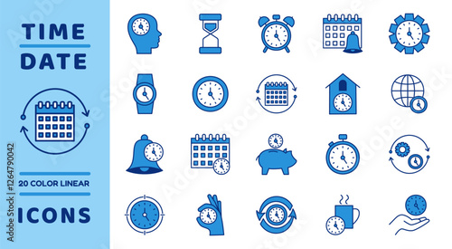 Clock blue icon. Time management. Line work chronometer. Deadline sign. Calendar notification. Service value. Money piggy bank. Hourglass stopwatch. Outline productivity timer. Vector tidy symbols set