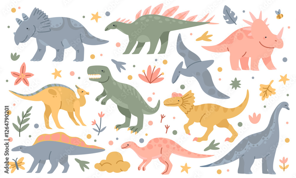 Dinosaur cute. Dino animals, baby clipart doodles, childish characters. Scandinavian designs, prints of dragons, triceratops nursery print. Vector cartoon flat isolated illustration adorable monsters Dinosaur cute. Dino animals, baby clipart doodles, childish characters. Scandinavian designs, prints of dragons, triceratops nursery print. Vector cartoon flat isolated illustration adorable monsters