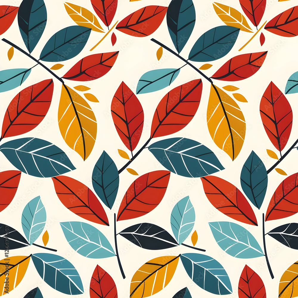 A vibrant pattern of stylized leaves in various colors on a light background. A vibrant pattern of stylized leaves in various colors on a light background.